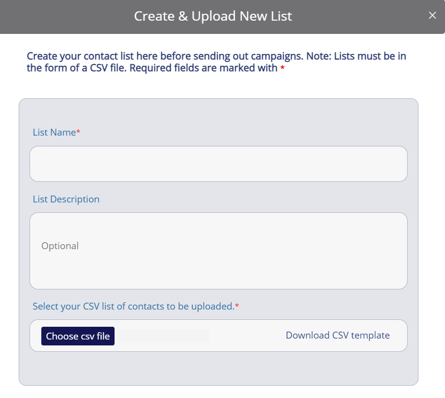The blank Create & Upload New List pop-up window with empty fields